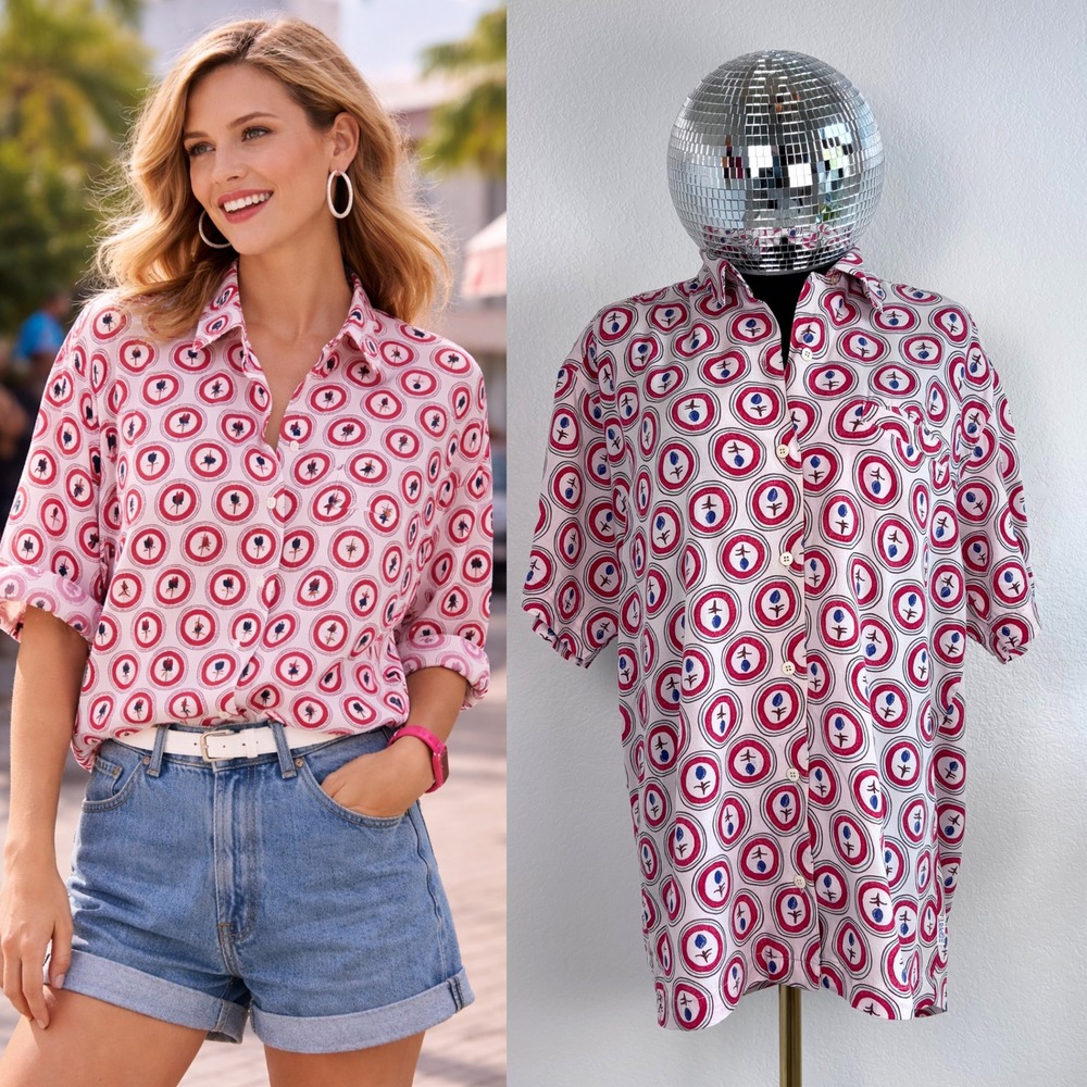 VTG 80s Esprit Sport Retro Print Button Down Shirt, Size‎ Small Short Sleeve